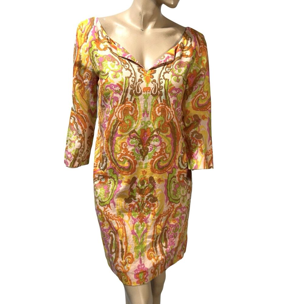 J Crew Antonia Paisley Print 100% Linen Dress 3/4 Sleeve Lined Size 6 Pockets